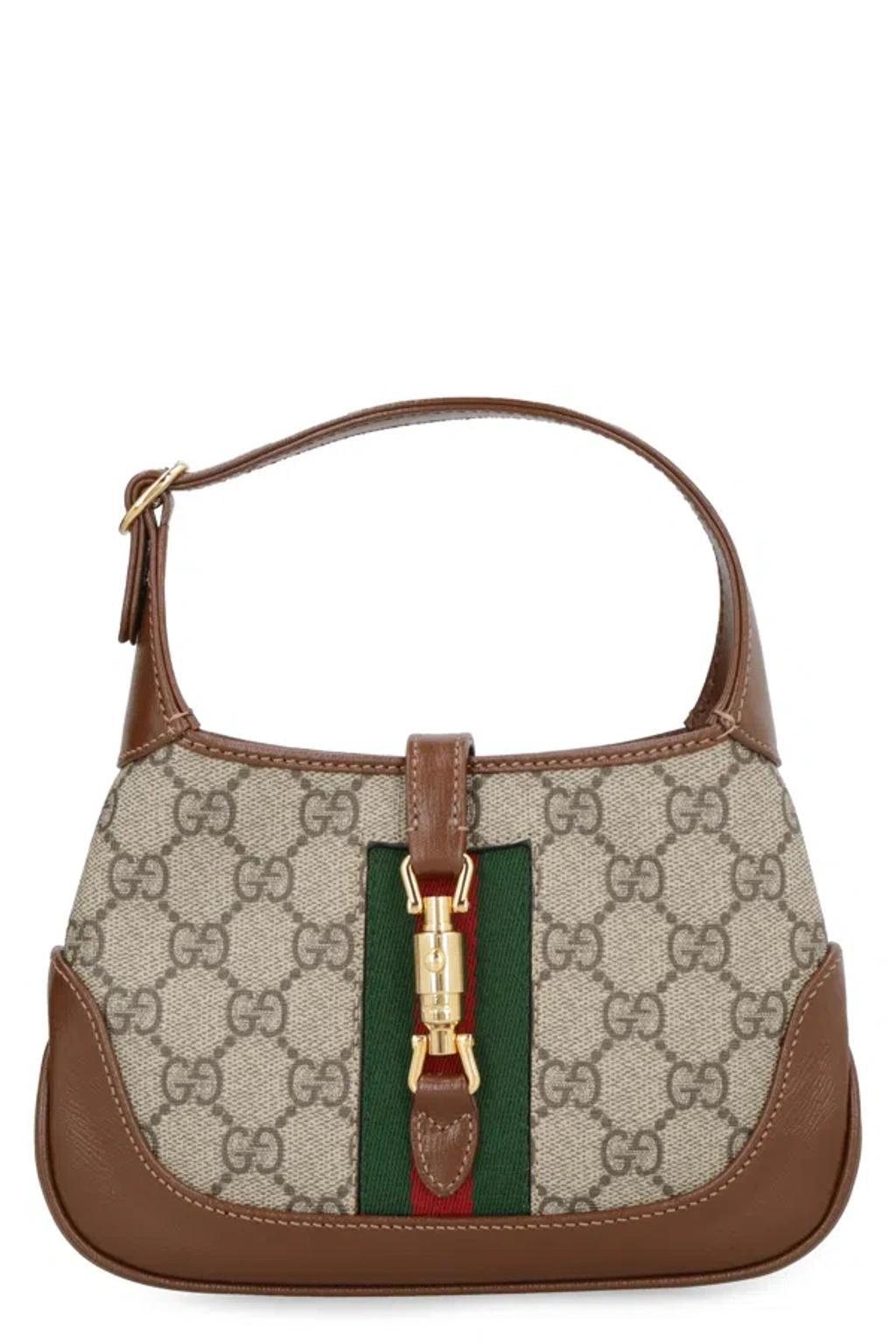 GUCCI Mini Jackie 1961 Beige & Ebony Gg Supreme Fabric Handbag With Brown Leather & Striped Web Detail, 19 Product Image