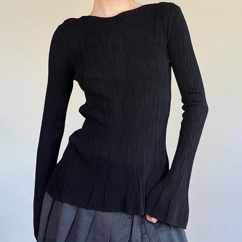 Bell Sleeve Plain Ribbed-Knit Slim-Fit Top Product Image