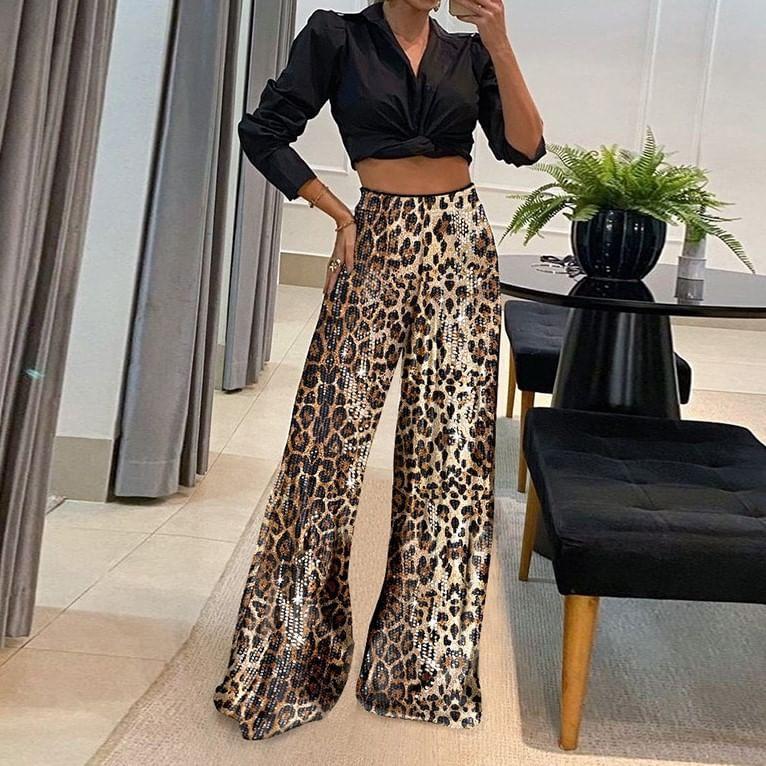 High Rise Leopard Print Wide Leg Pants Product Image