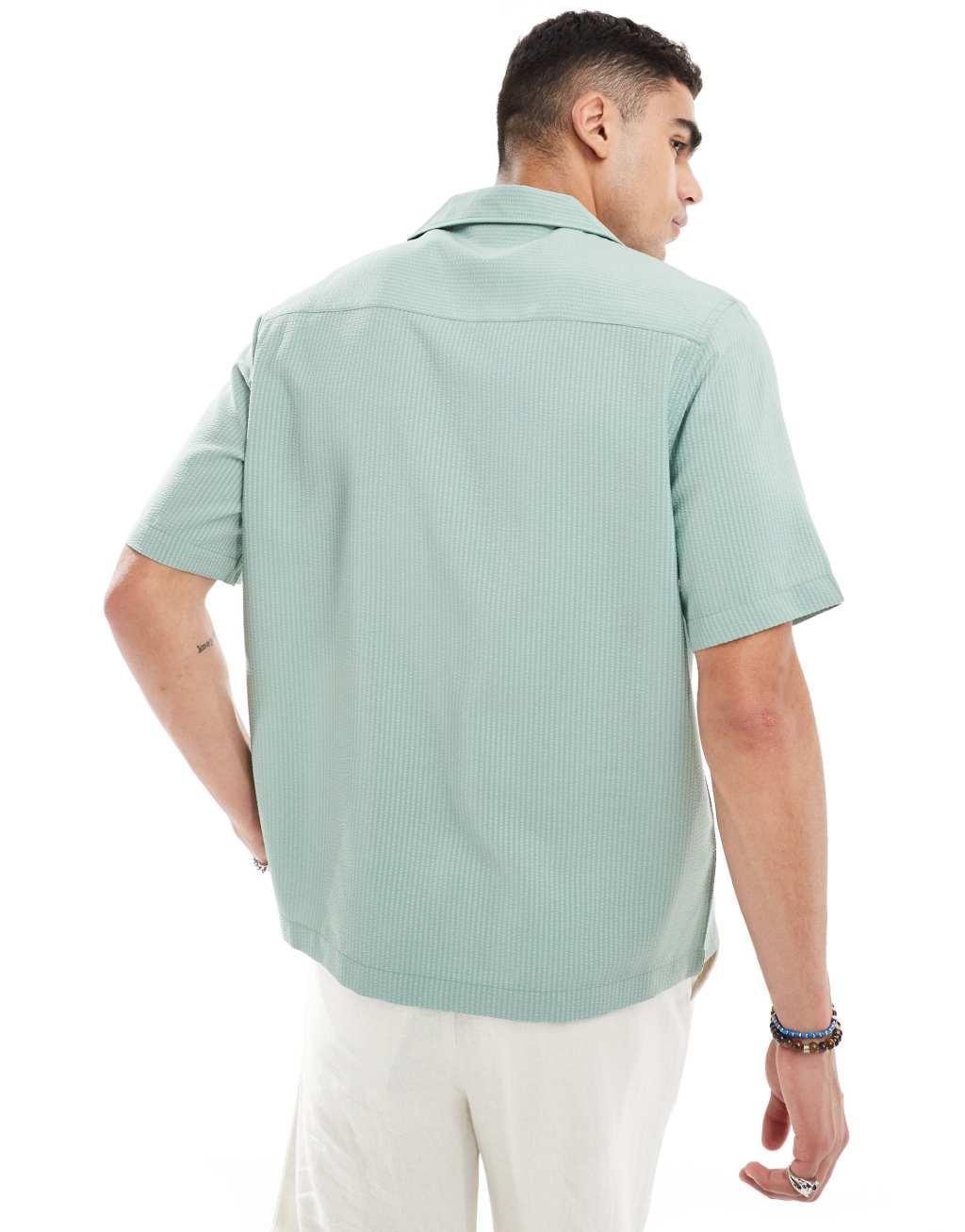 ASOS DESIGN short sleeve relaxed fit camp collar textured shirt in sage green Product Image