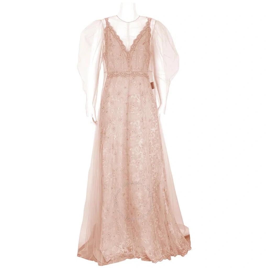 BURBERRY Floral-embroidered Puff-sleeve Dress In Dusty Pink Product Image