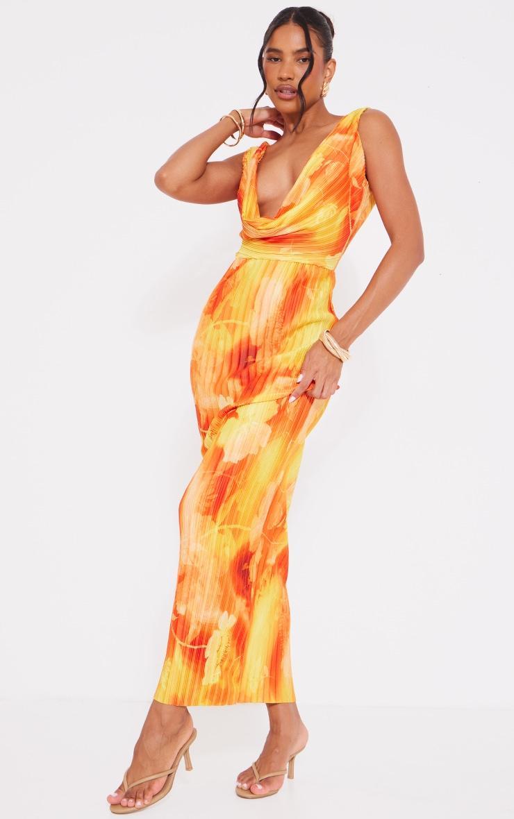 Orange Floral Print Plisse Cut Out Halterneck Maxi Dress Product Image