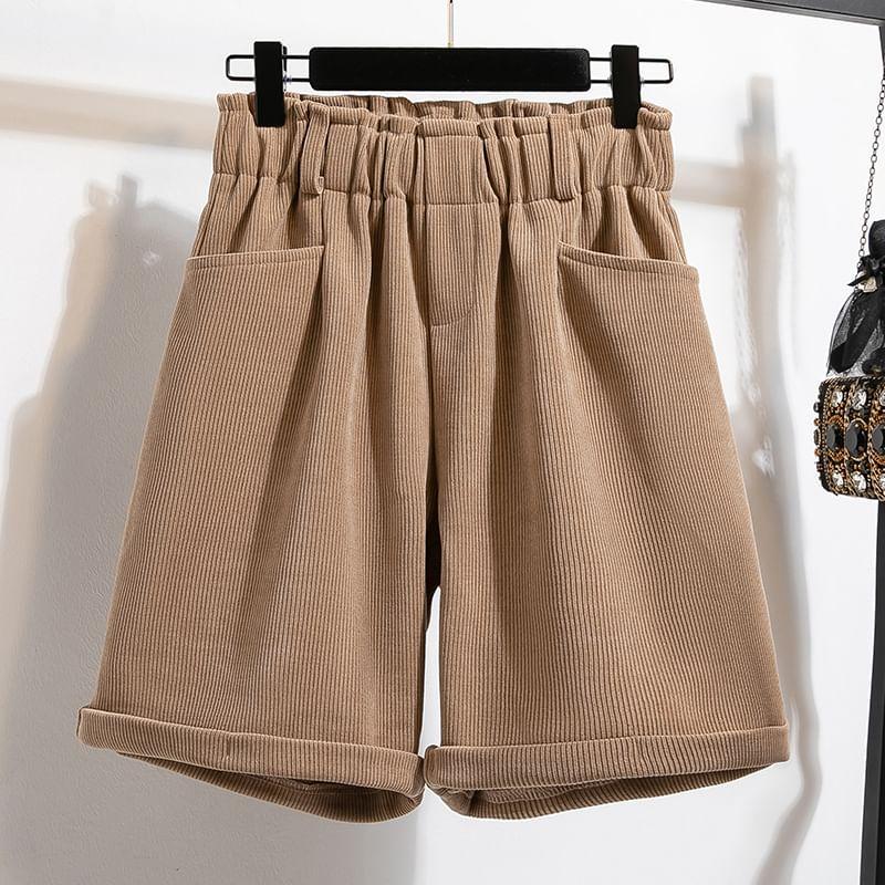 Elastic Waist Plain Corduroy Shorts Product Image