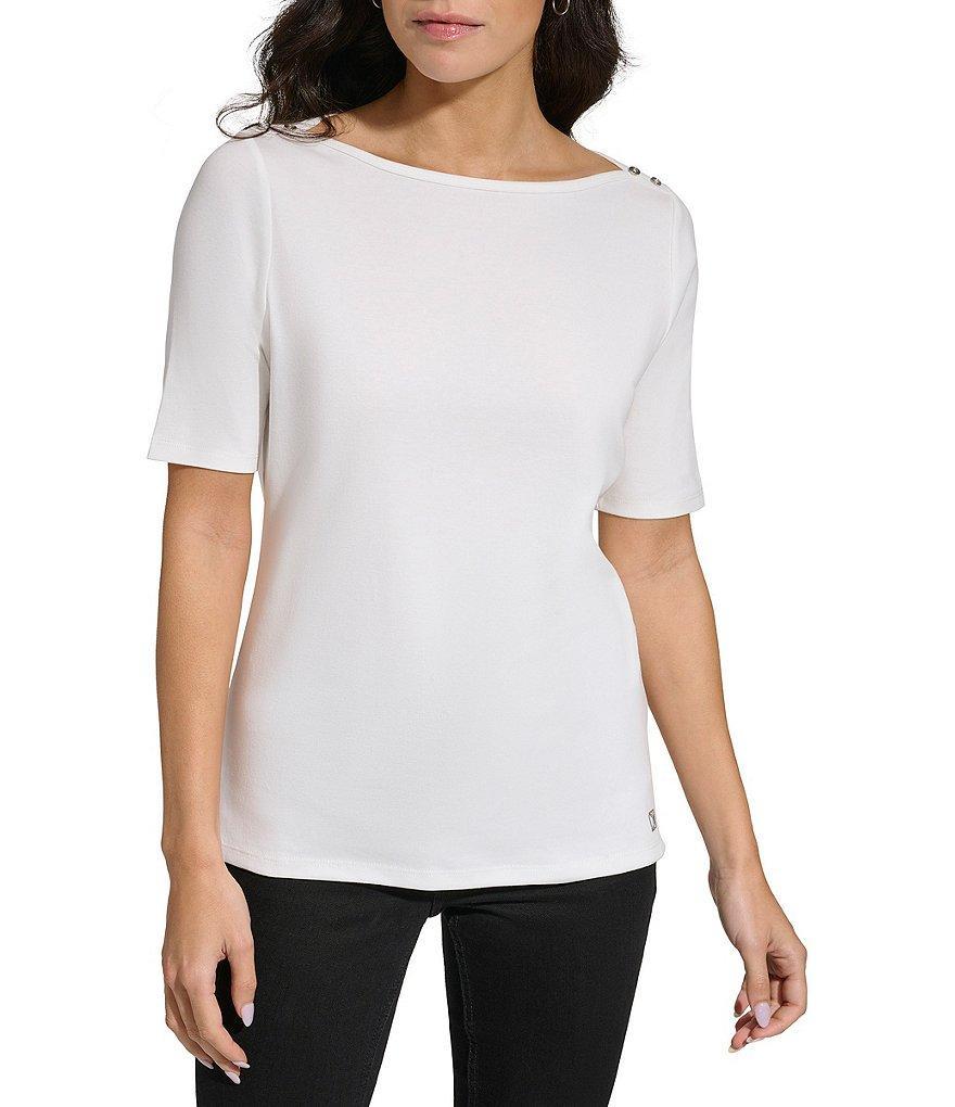 Calvin Klein Boat Neck Button Shoulder Detail Short Sleeve Tee Product Image