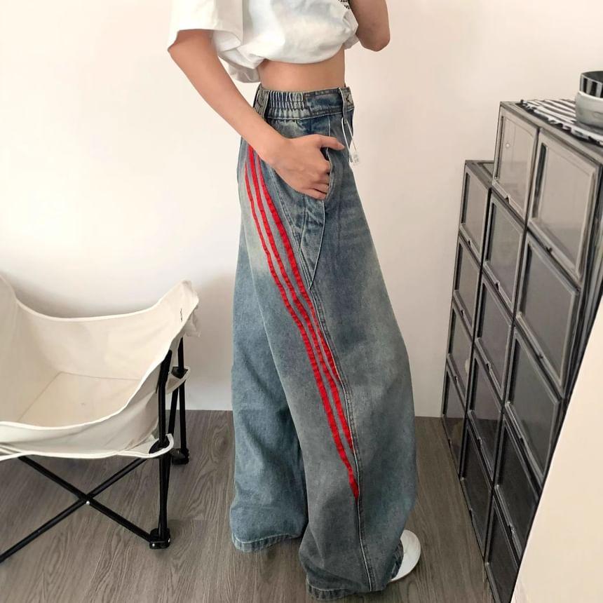 High Waist Washed Striped Loose-Fit Wide-Leg Jeans Product Image