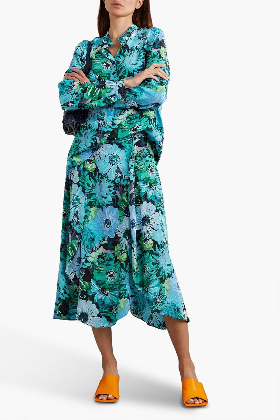 Asymmetric Floral-print Silk Crepe De Chine Midi Skirt In Light Blue Product Image