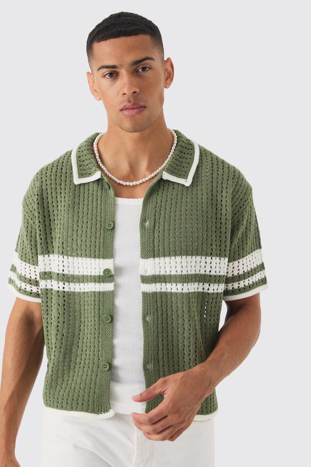 Mens Green Oversized Boxy Open Stitch Colour Block Knit Shirt, Green Product Image