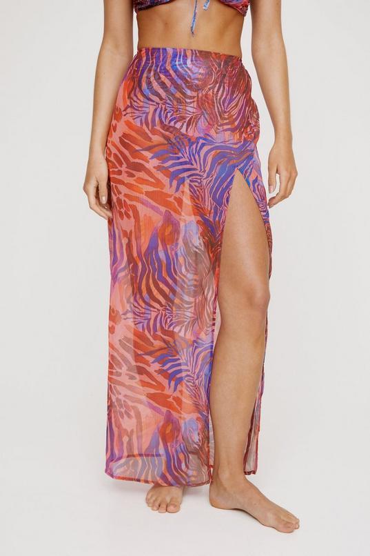 Mixed Animal Thigh Split Sheer Maxi Beach Skirt Product Image