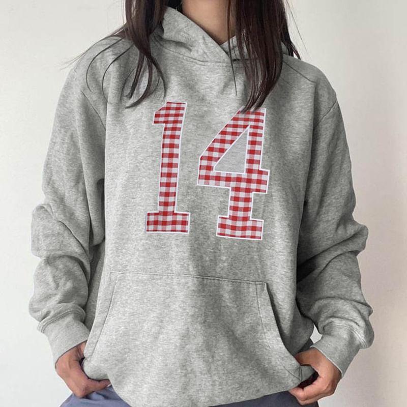 Long-Sleeve Number Applique Hoodie Product Image