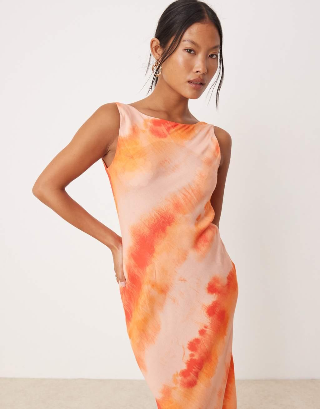 Miss Selfridge Petite slash neck scoop back maxi dress in orange tie dye print Product Image