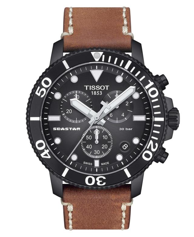 Tissot Mens Swiss Chronograph Seastar Brown Leather Strap Watch 46mm Product Image