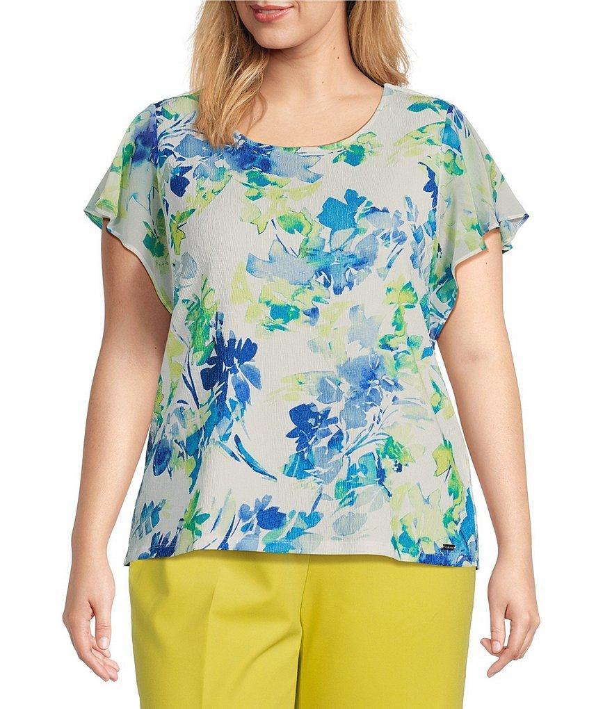 Calvin Klein Plus Size Floral Print Textured Knit Crew Neck Chiffon Flutter Sleeve Blouse Product Image