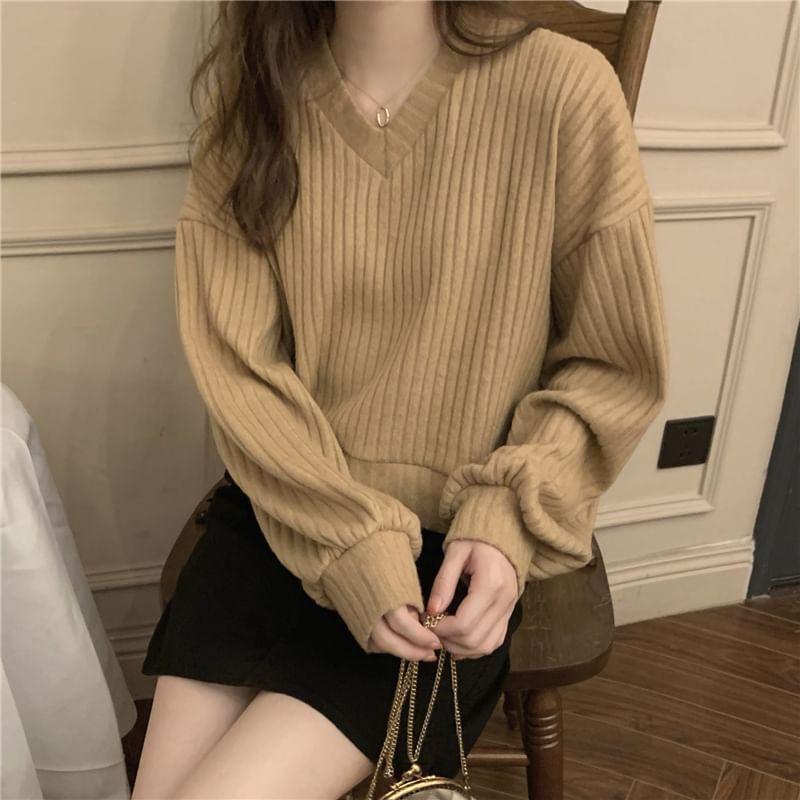 Drop Shoulder V-Neck Plain Ribbed Knit Sweater Product Image