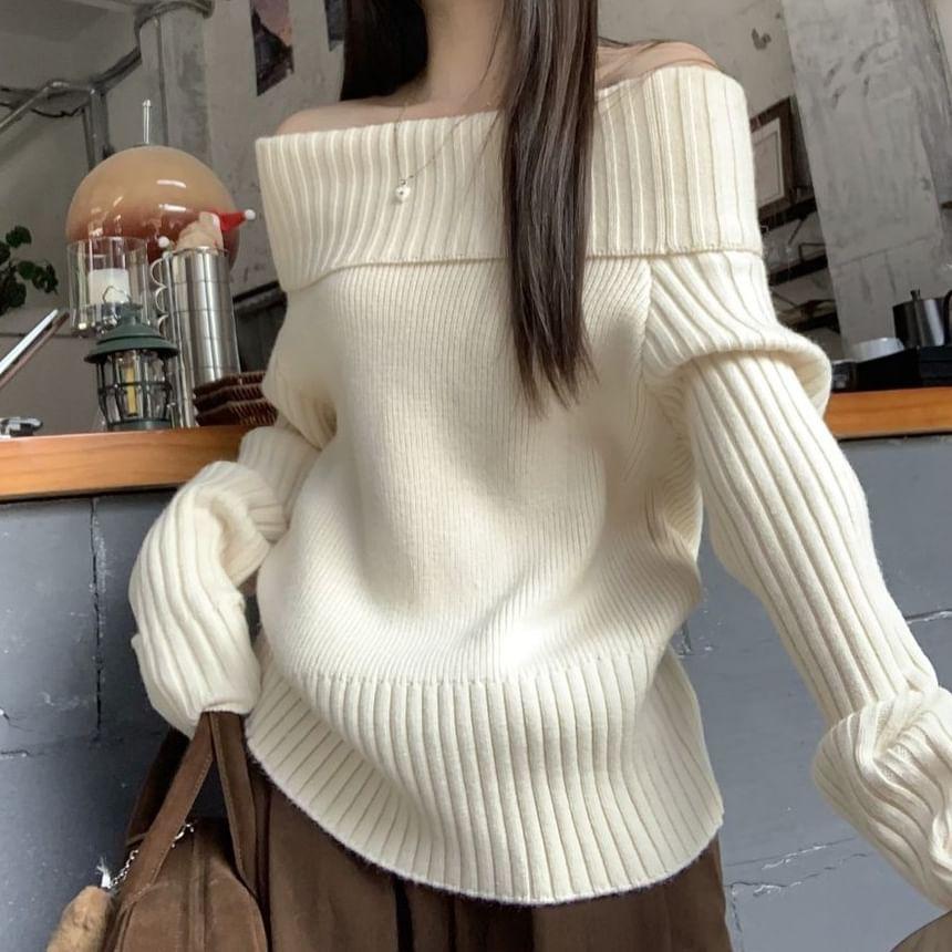 Long-Sleeve Off-Shoulder Plain Ribbed Knit Top Product Image