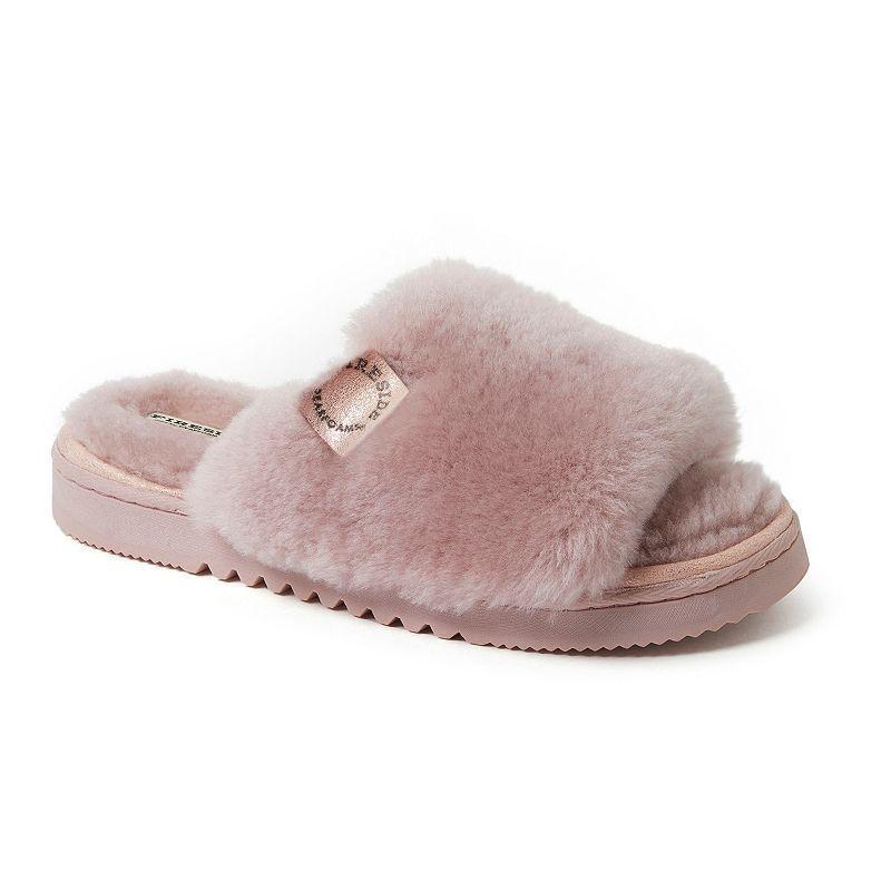 Fireside by Dearfoams Cairns Genuine Shearling Womens Slide Slippers with Metallic Suede Trim Black Product Image