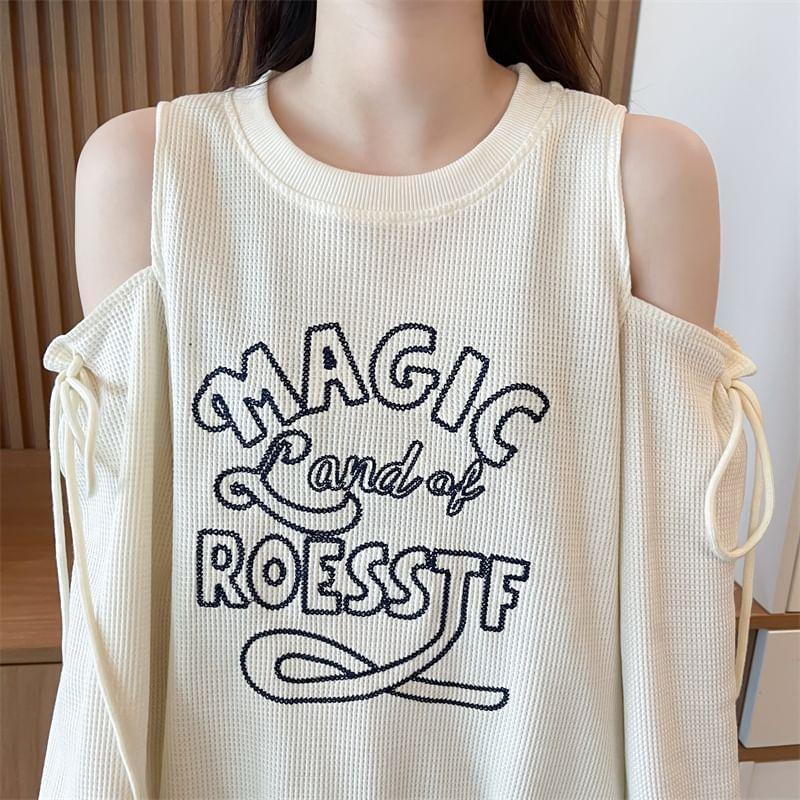 Crew Neck Cold Shoulder Lettering Embroidered Waffle Pullover Product Image