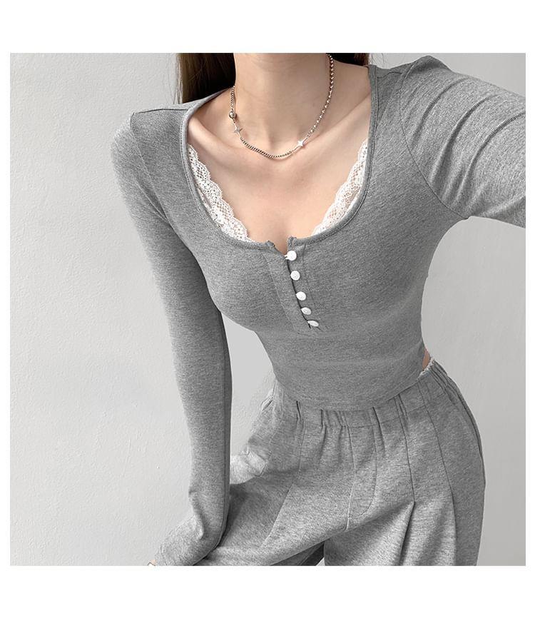 Cropped Lace-Hem V-Neck Knit Top Product Image