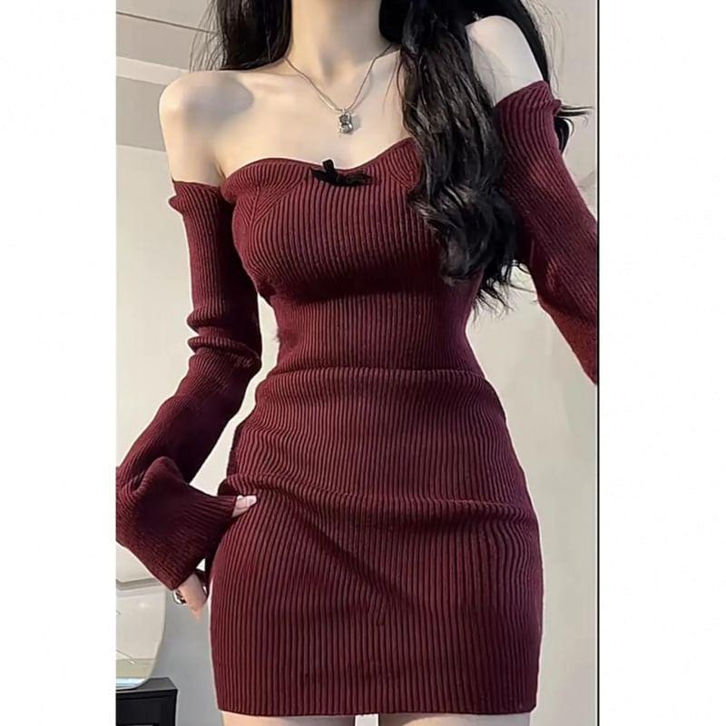 Long-Sleeve Plain Bow Ribbed Knit Mini Sheath Dress Product Image