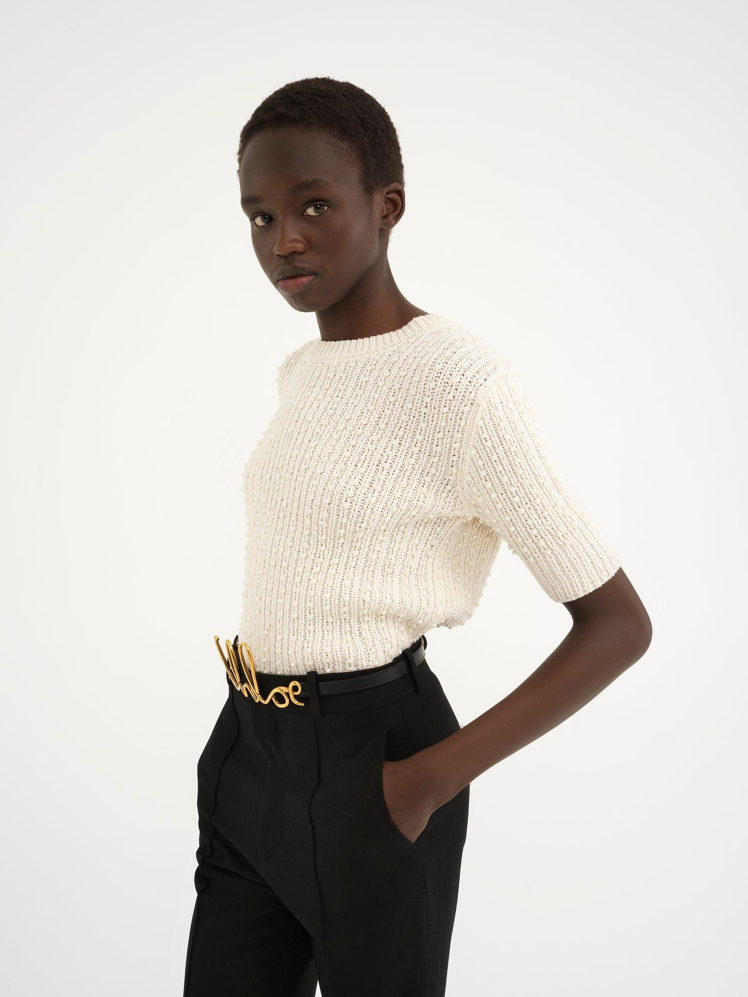 Short-sleeve pearl sweater in wool & cashmere Product Image