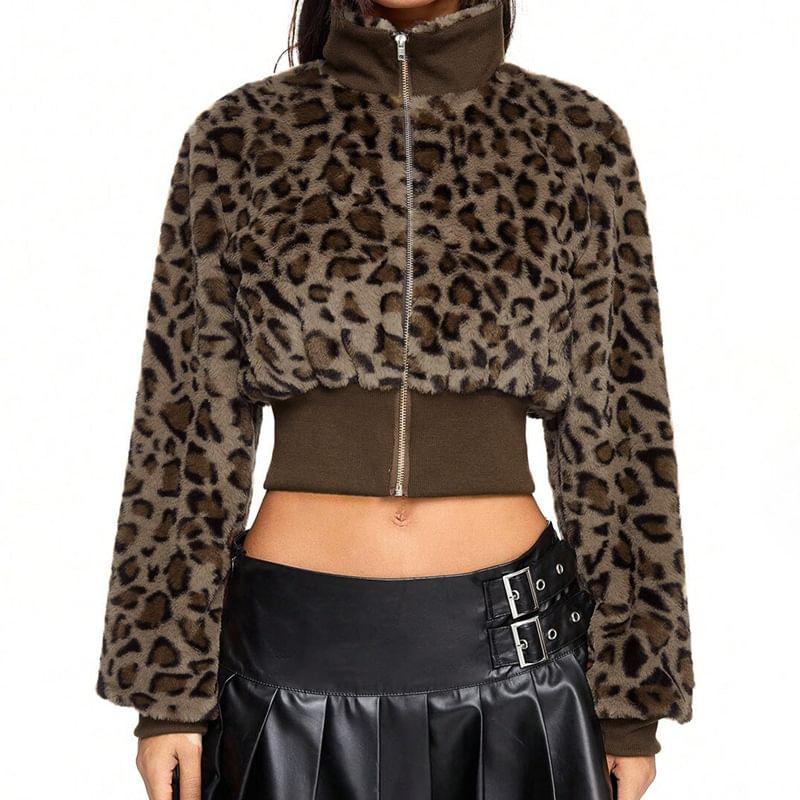 High Neck Leopard Print Zip-Up Crop Jacket Product Image