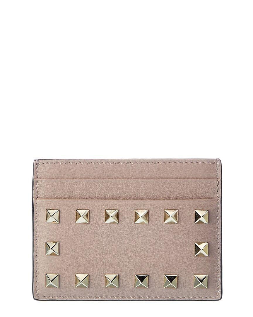 Valentino Rockstud Leather Card Holder In Pink Product Image