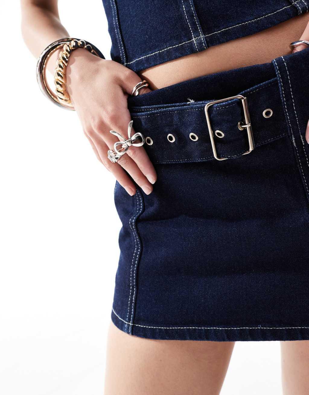 Pull&Bear buckle belt detail micro mini skirt in indigo blue - part of a set Product Image