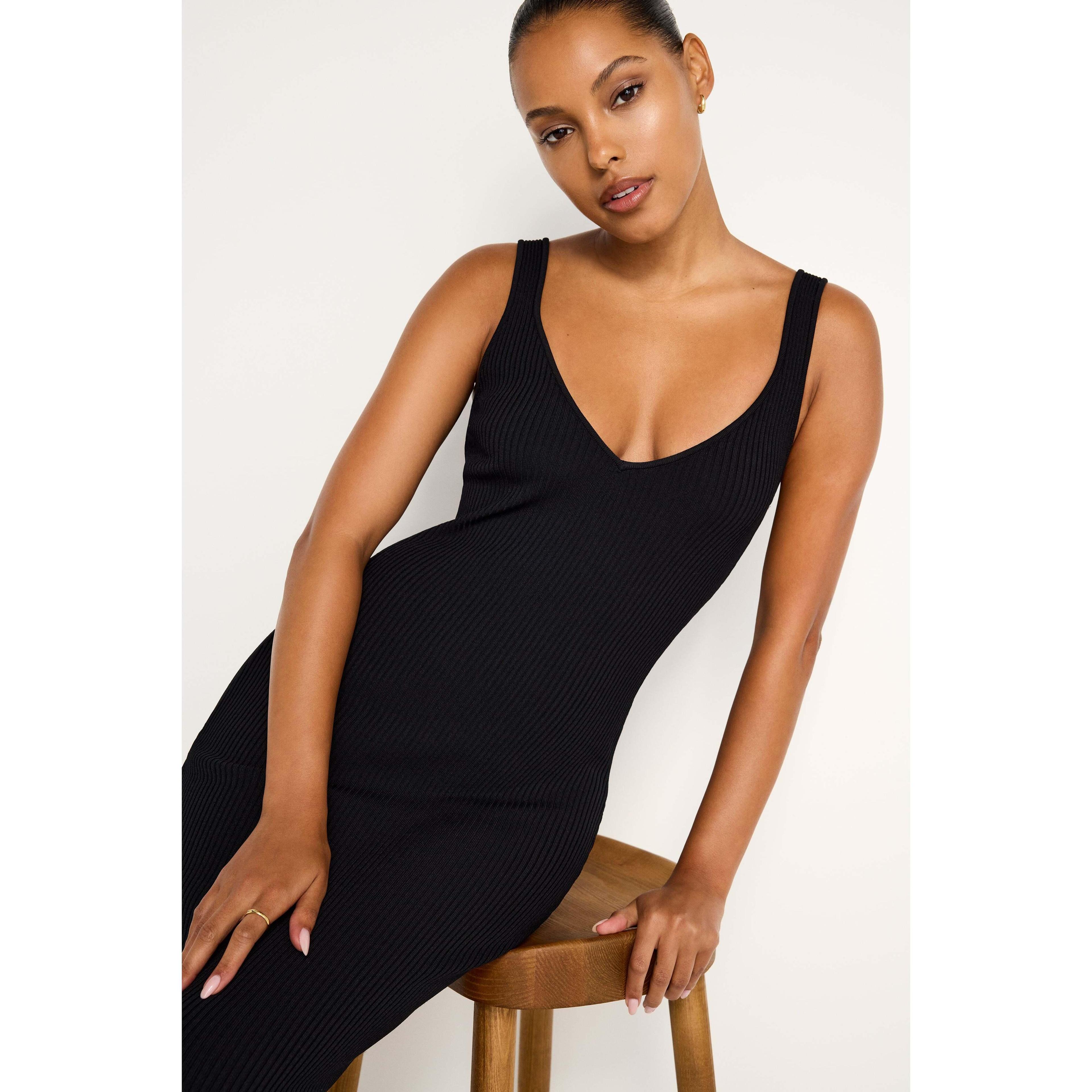 Womens Stretch Rib Knit Sleeveless Midi Dress | Black, Size XS | Good American by Khlo Kardashian product image