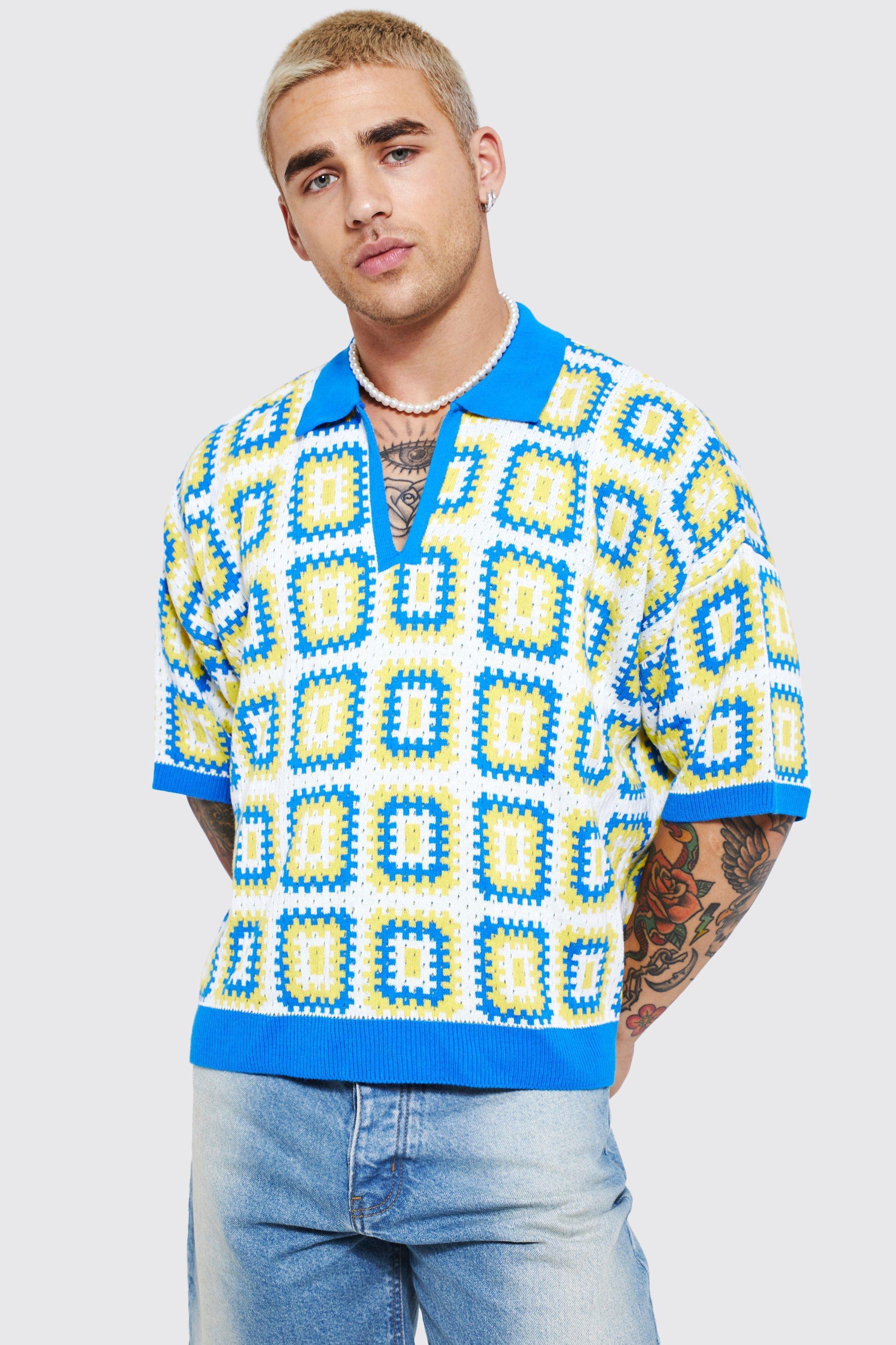 Short Sleeve Boxy Fit Revere Crochet Polo | boohooMAN USA Product Image