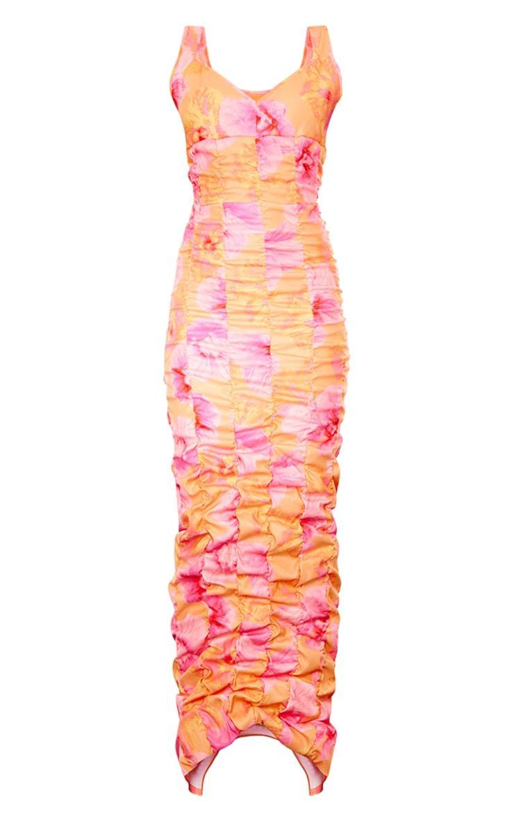 Pink Floral Printed Extreme Ruched Midaxi Dress Product Image