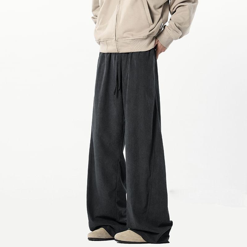 Drawstring Waist Plain Corduroy Wide Leg Pants Product Image