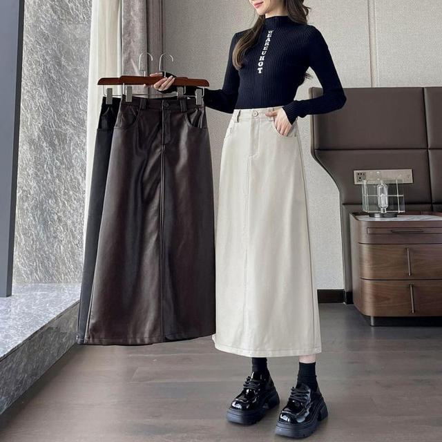 High Waist Plain Slit Faux Leather Midi A-Line Skirt Product Image