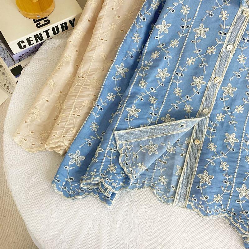 Long-Sleeve Collared Floral Embroidered Eyelet Button-Up Blouse Product Image