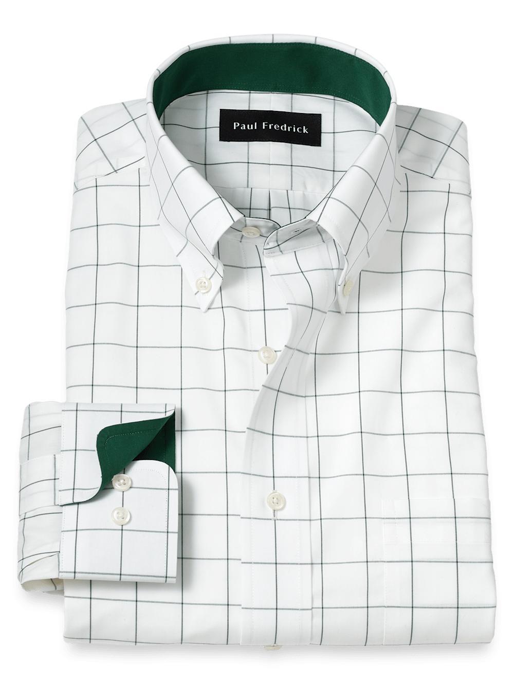 Non-Iron Cotton Windowpane Dress Shirt With Contrast Trim - Green Product Image