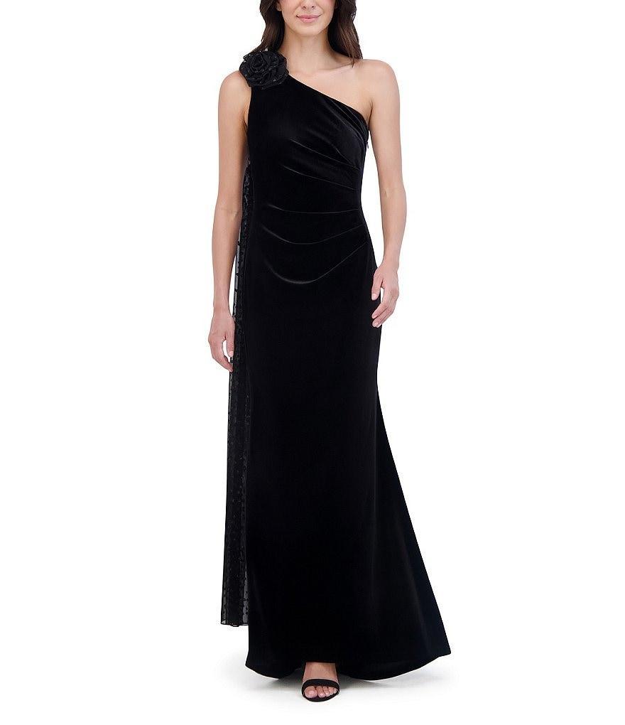 Eliza J Velvet One Shoulder Sleeveless Rosette Flocked Dot Mesh Back Sash Pleated Waist Gown Product Image