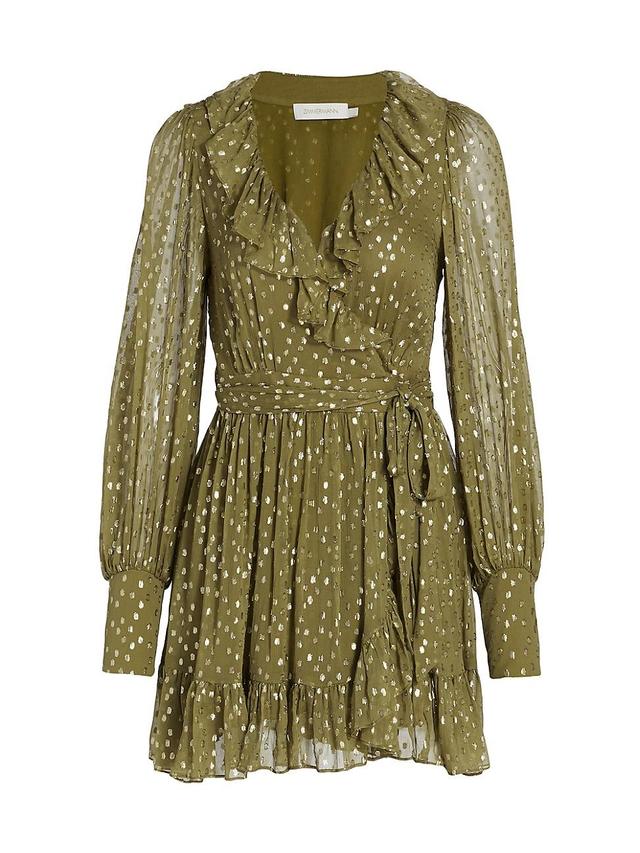 Womens Ruffled Metallic Silk Wrap Minidress Product Image