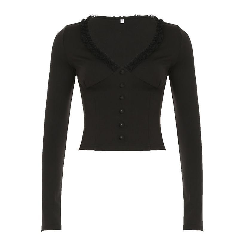 Long Sleeve V-Neck Plain Lace-Trim Slim-Fit Crop Top Product Image