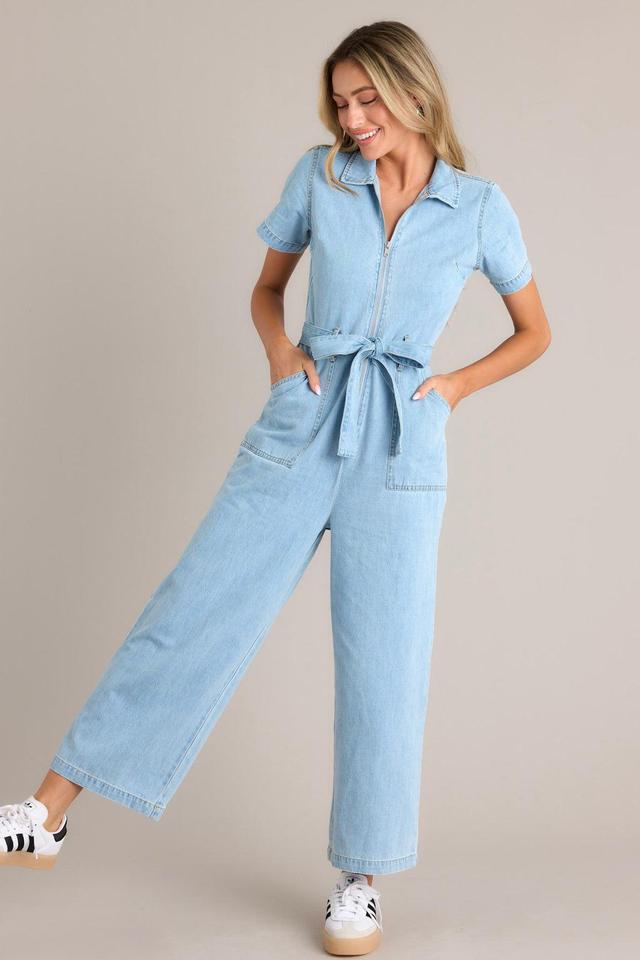 Blue Jean Beauty Light Wash Demin Zip Front Jumpsuit Product Image