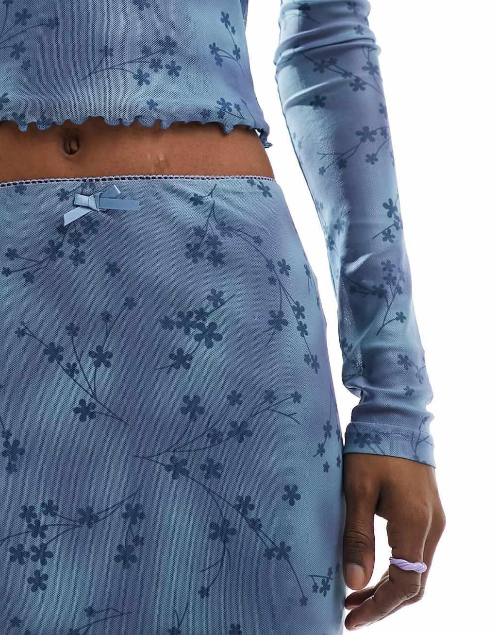 Daisy Street bow detail mini skirt in blue floral mesh - part of a set Product Image