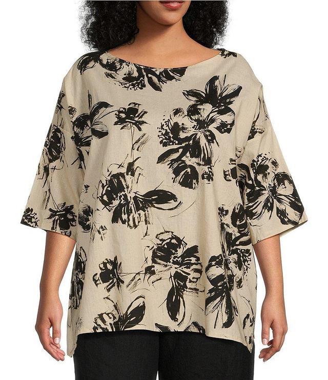 Bryn Walker Plus Size Bex Linen Blend Floral Boat Neck 3/4 Sleeve Oversized Fit Tunic Product Image