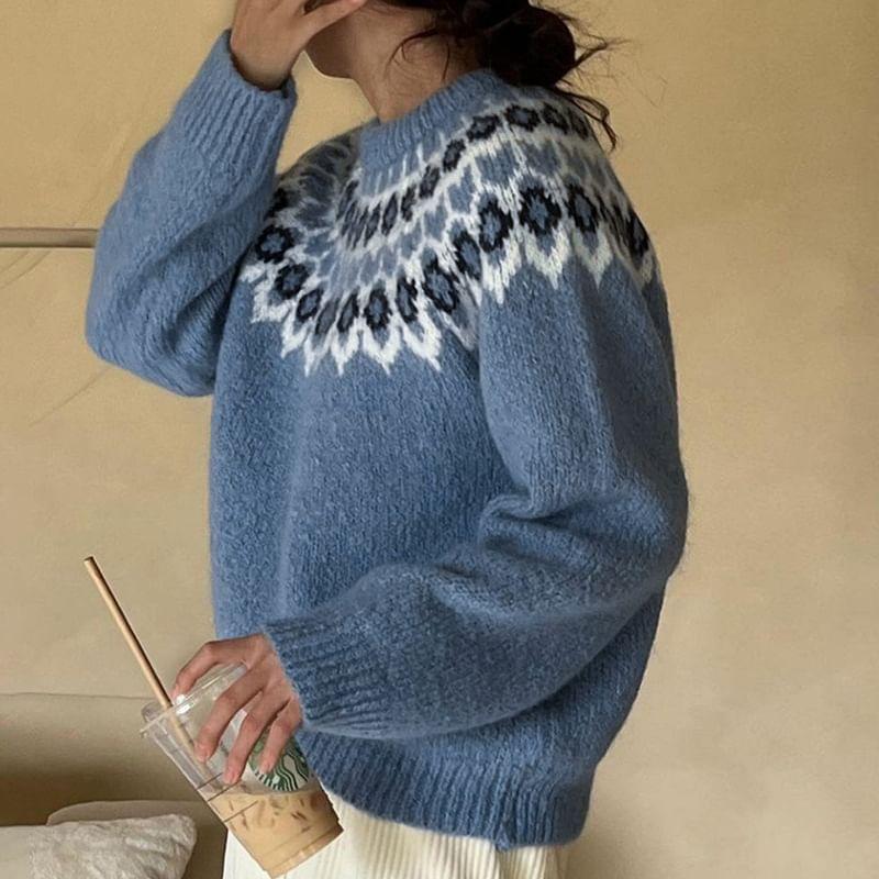 Round Neck Patterned Oversized Sweater Product Image