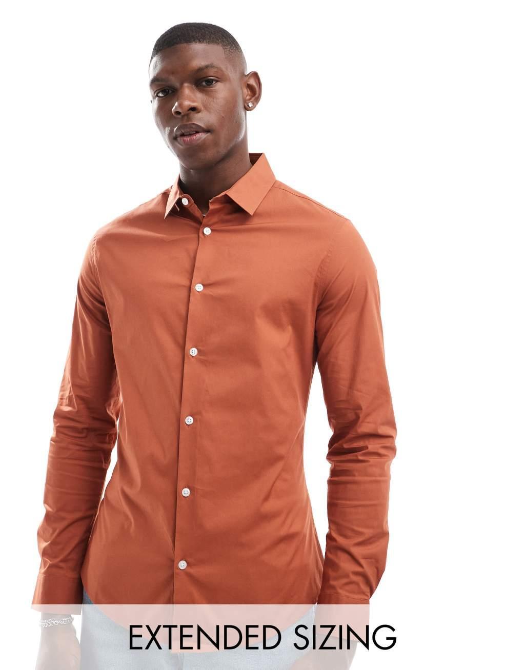  ASOS DESIGN skinny poplin shirt with square collar in tobacco Product Image