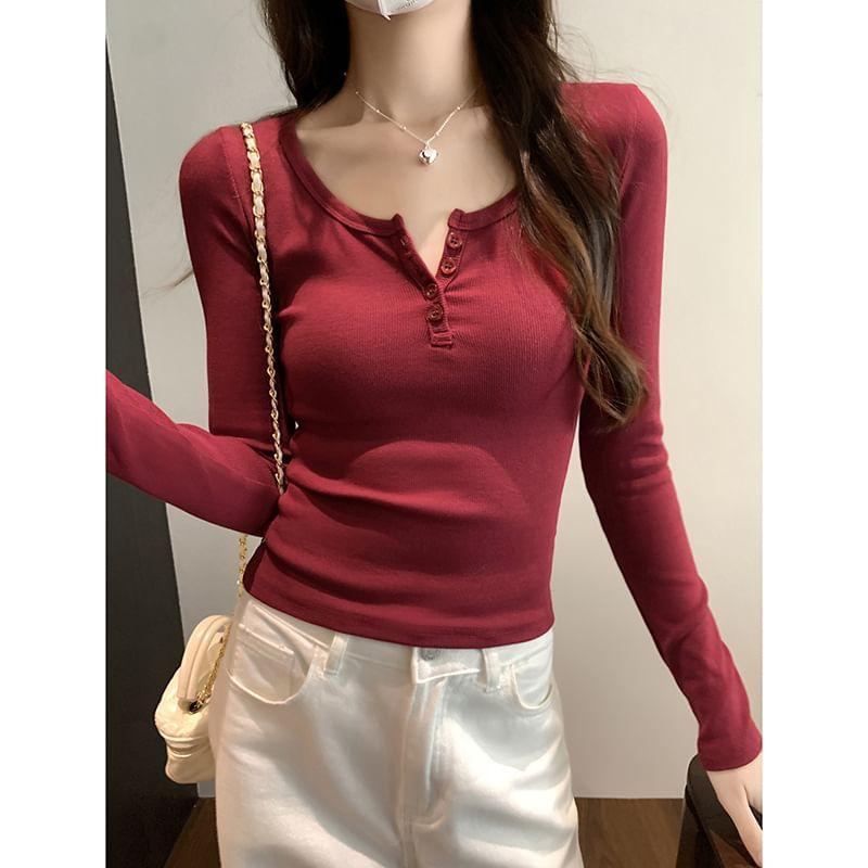 Long Sleeve Henley Plain T-Shirt Product Image