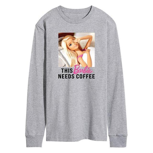 Mens Barbie This Barbie Needs Coffee Long Sleeve Graphic Tee Med Grey Product Image