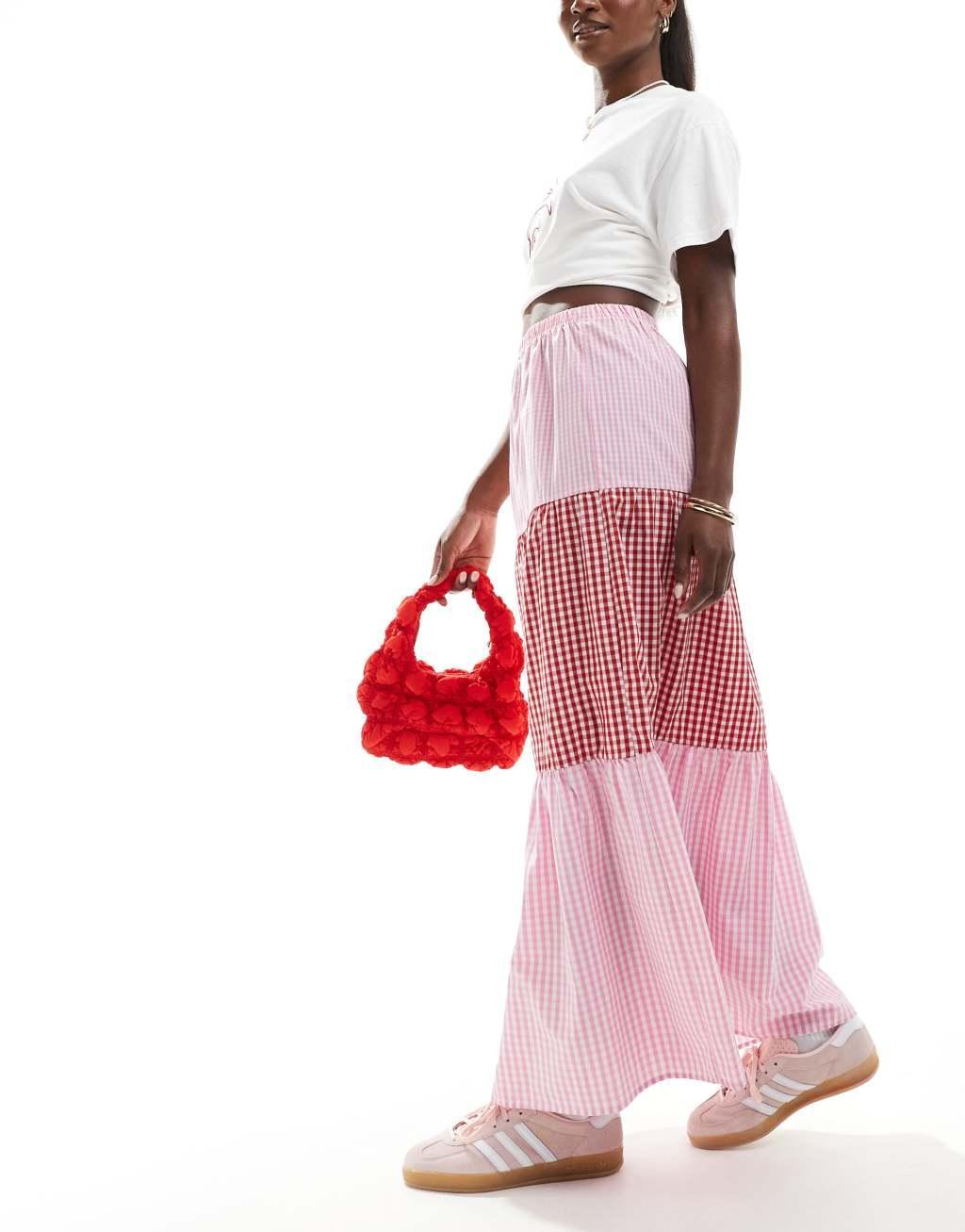 ASOS DESIGN tiered maxi skirt in mix gingham print Product Image