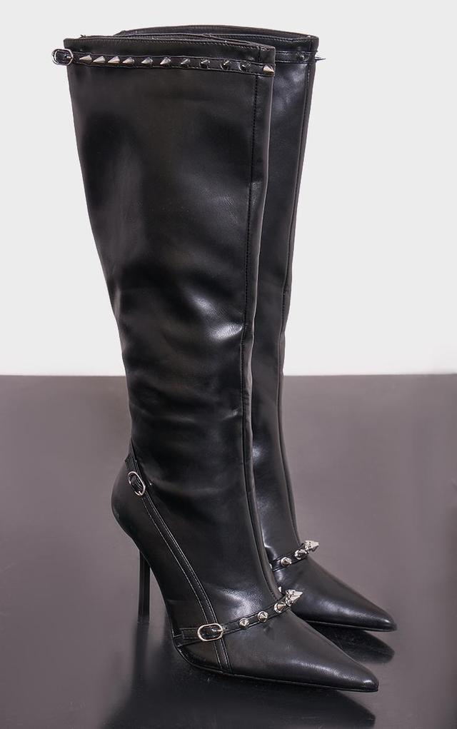 Black Spike Detail Point Toe Knee Boots Product Image