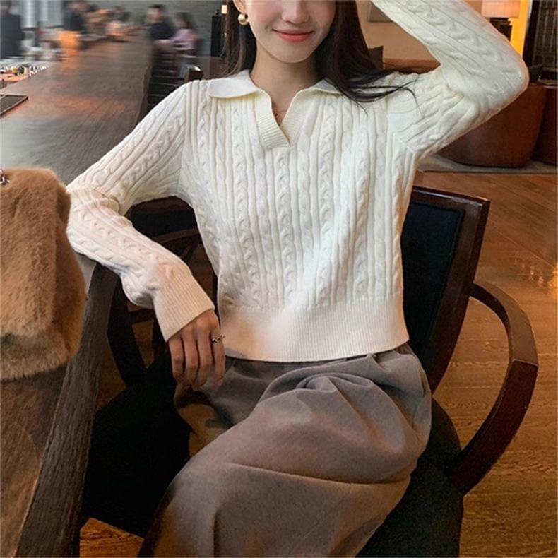 Long-Sleeve Collar V-Neck Plain Cable Knit Top Product Image