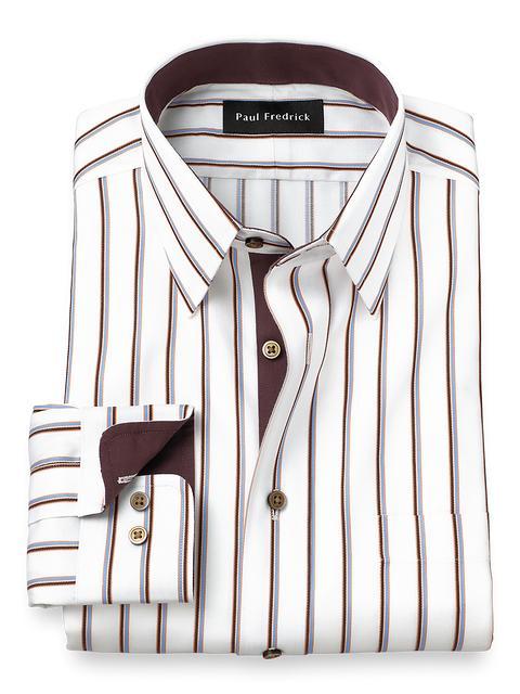 Non-Iron Cotton Stripe Dress Shirt With Contrast Trim - Blue/brown Product Image