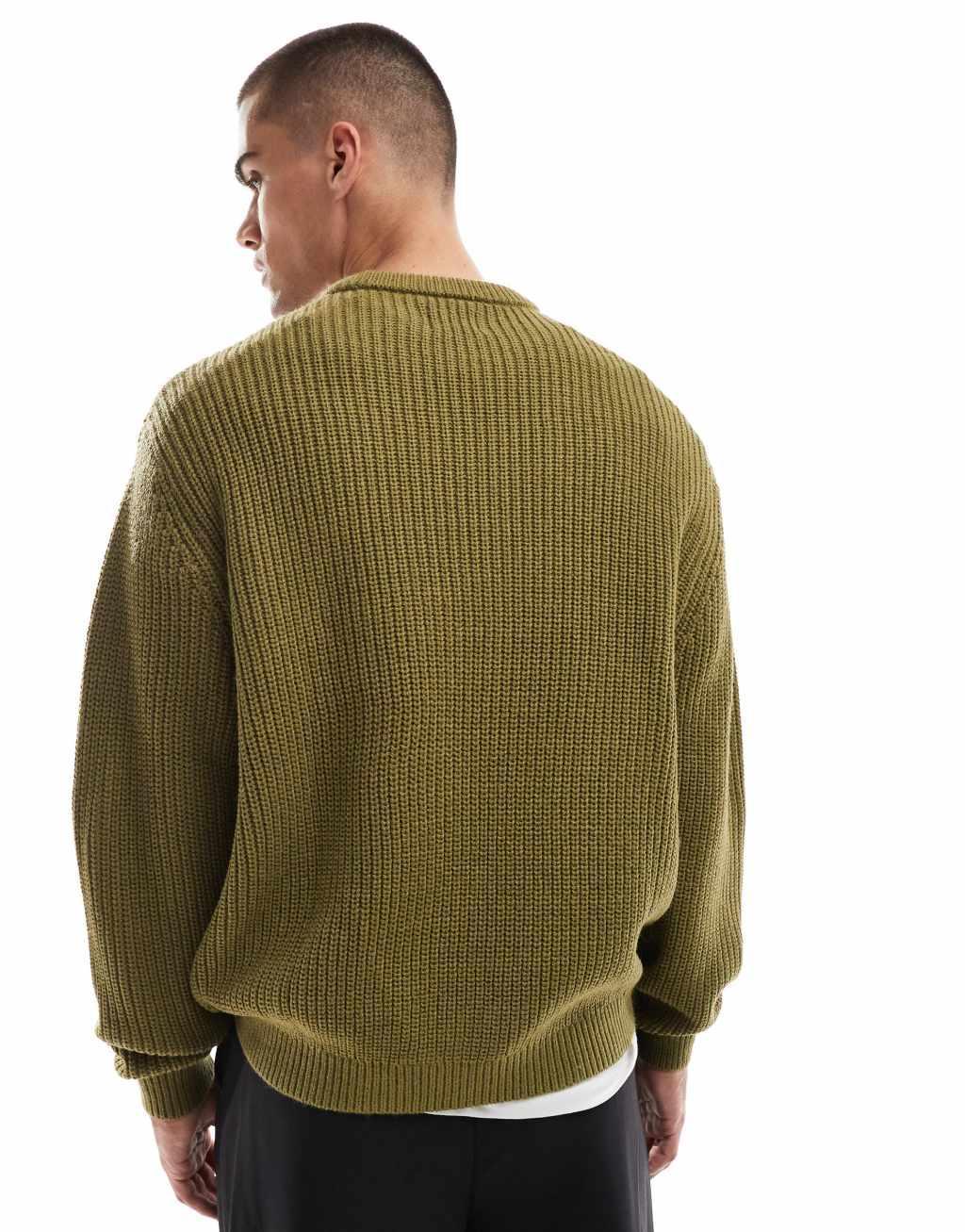 ASOS DESIGN knit oversized fisherman ribbed sweater in khaki Product Image