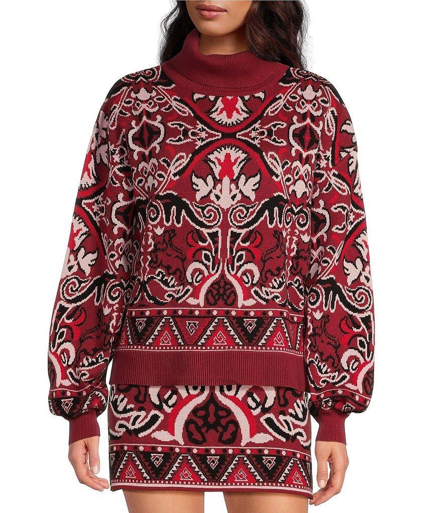 Chelsea & Violet Arlo Fair Isle Knit Turtle Neck Long Blouson Sleeve Cropped Sweater Product Image