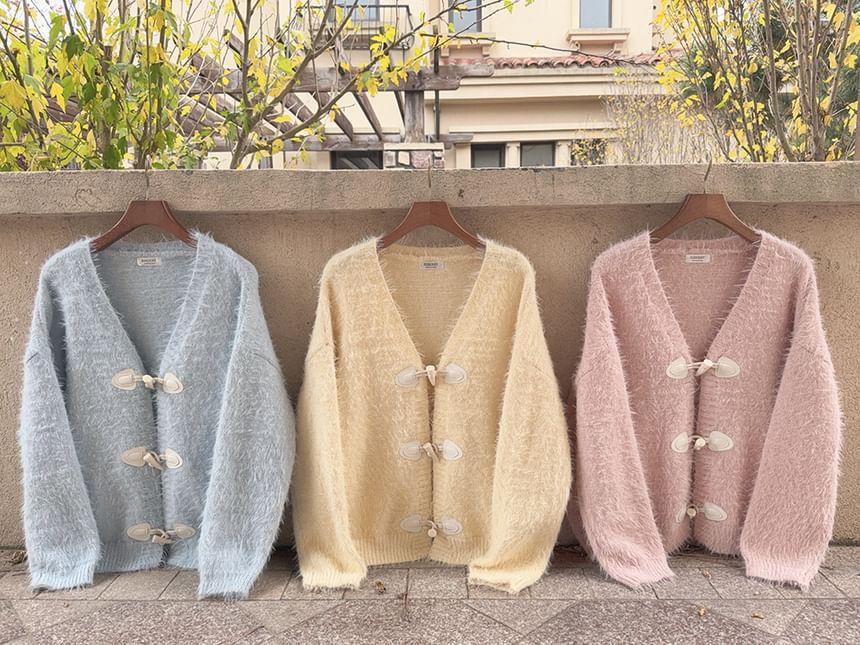 Long Sleeve V-Neck Toggle Button Fluffy Cardigan Product Image